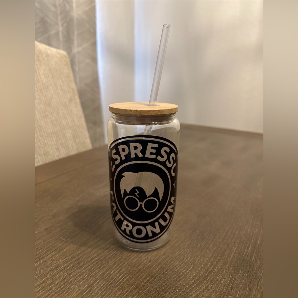 Harry Potter Espresso Patronum Glass Can Tumbler 16oz Bamboo‎ Lid And Straw